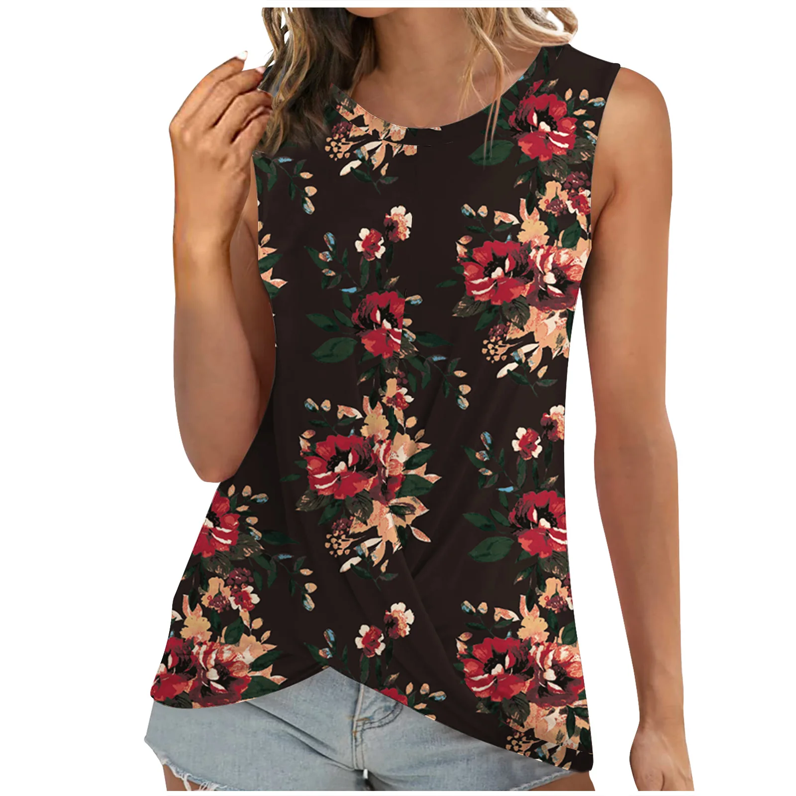 Débardeur sans manches pour femmes, Base noire, imprimé Floral vibrant, col rond, ourlet torsadé, coupe décontractée, mode quotidienne