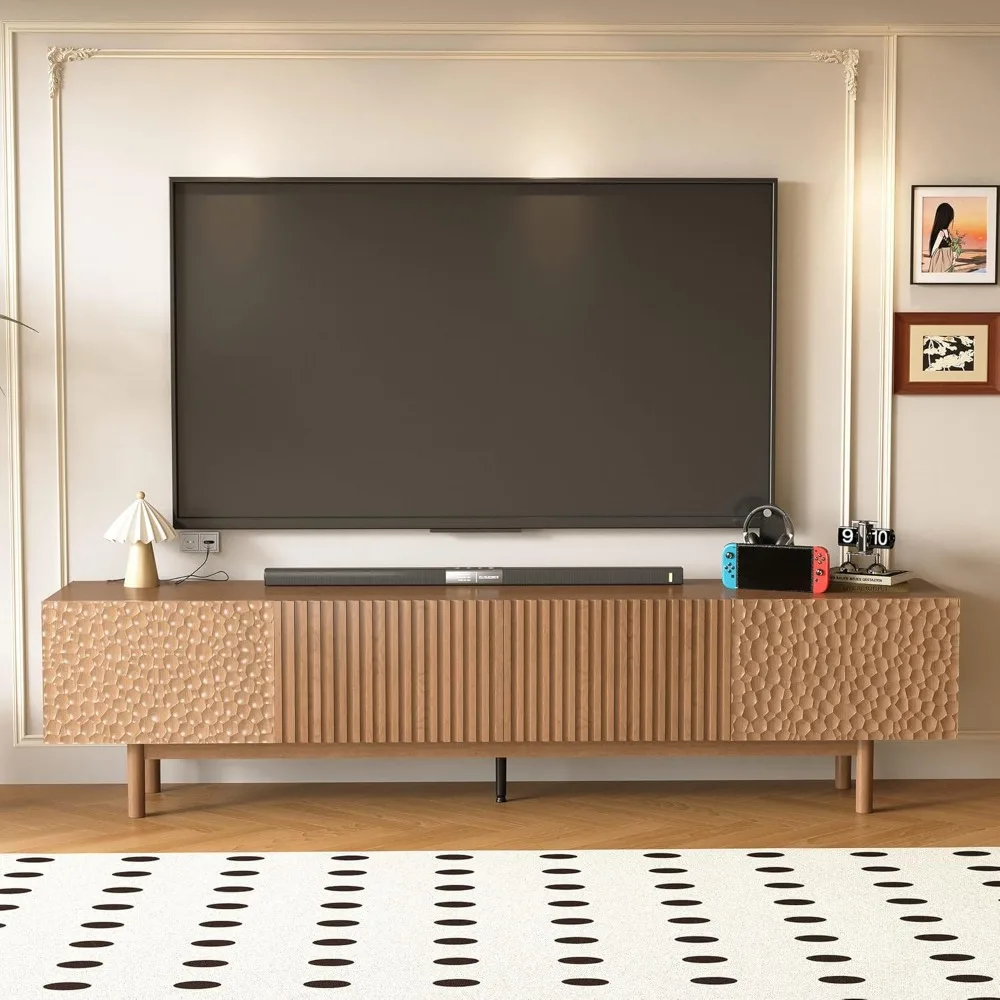 حامل تلفزيون حديث من منتصف القرن مقاس 86.61 بوصة، مركز ترفيه من خشب الجوز لأجهزة التلفاز حتى 85 بوصة، وحدة تحكم للوسائط مع خزائن تخزين