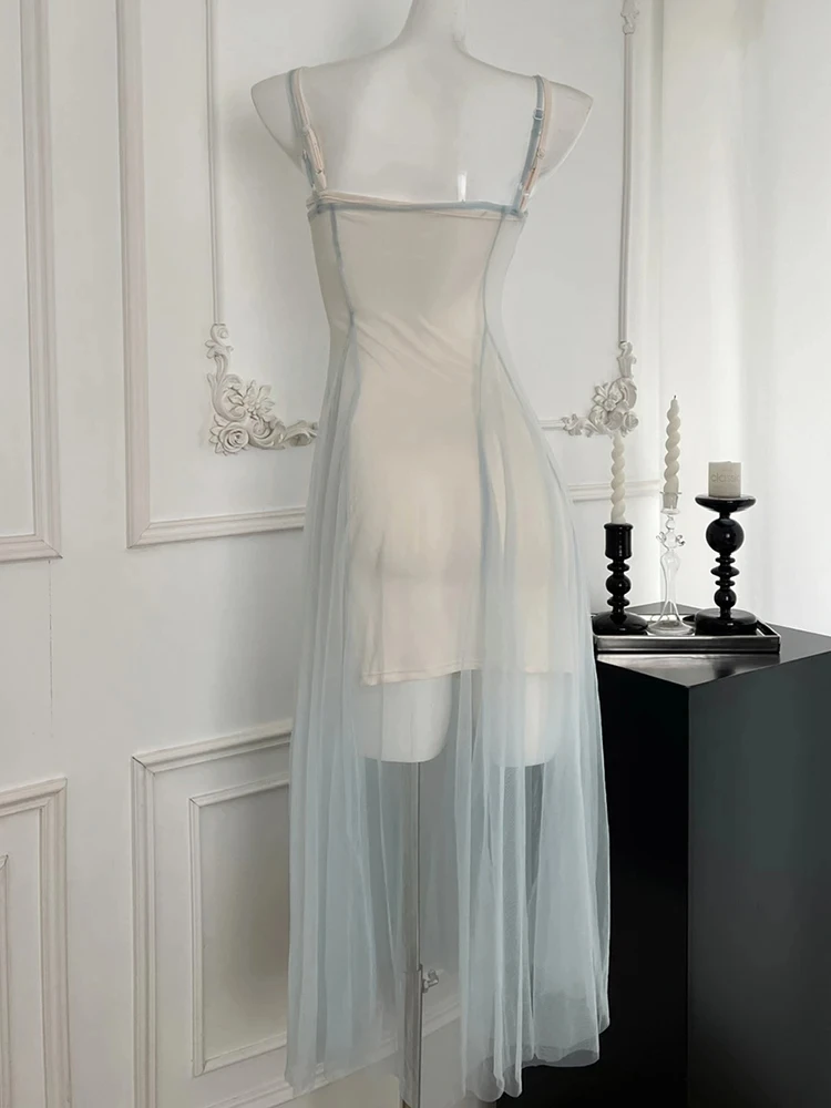 Vestido elegante sin mangas con cuello redondo para mujer, vestido de encaje de una pieza, vestido Midi Retro de fiesta de noche de hadas Vintage, moda francesa de verano