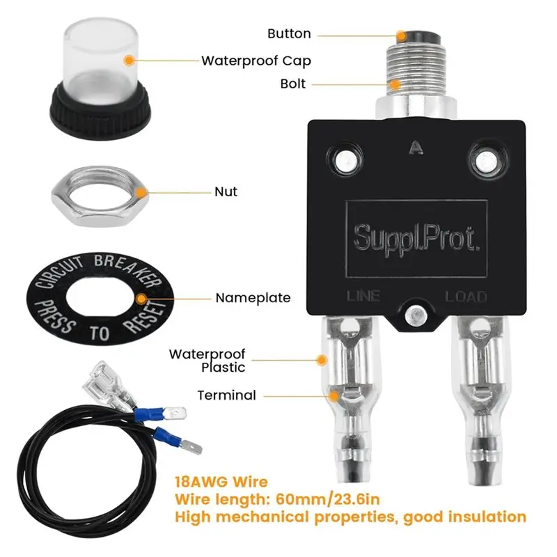 Y17A 4X 3 AMP & 5 AMP Push Button Manual Reset Circuit Breaker,Auto Trip Thermal Circuit Breaker 18AWG Wires And Cap
