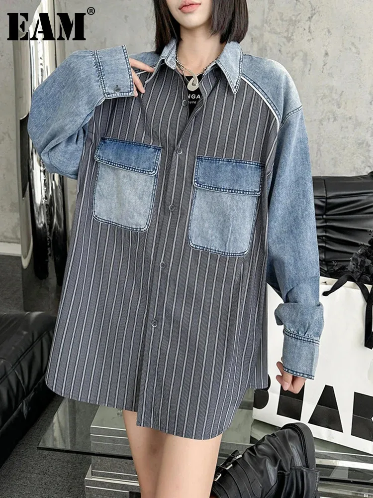 

[EAM] Women Gray Striped Denim Blue Big Size Casual Blouse New Lapel Long Sleeve Shirt Fashion Tide Spring Autumn 2024 1DH6966