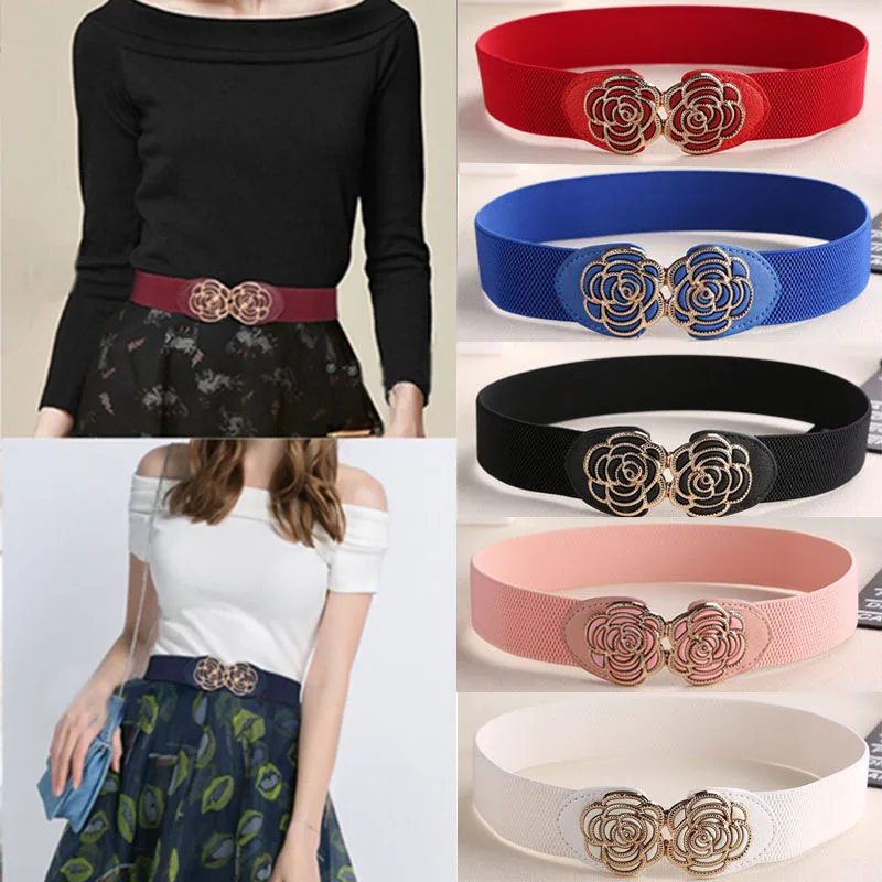 

Women Retro Style Wide Elastic Belt Casual Stretchy Waistband Flower Buckle Waist Band for Dress Shorts Pants