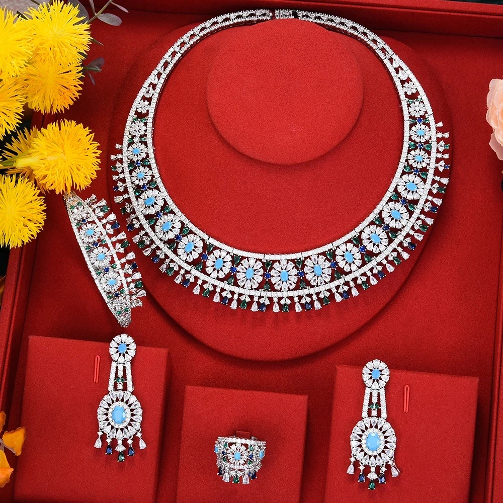 KellyBola Gorgeous Fashion High Quality Zircon Necklace Bracelet Earrings Ring Set Noble Bride Wedding Exclusive Design Jewelry