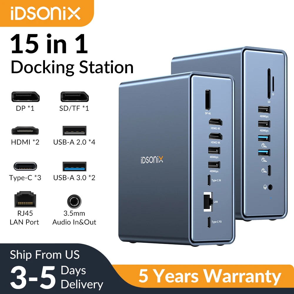iDsonix Type C USB 3.0 HUB 15 in 1 Docking Station Multiport Adapter with HDMI 4K@60Hz PD100W Gigabit Ethernet SD/TF Card Reader