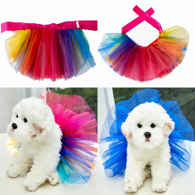 Pet Dog Rainbow Tutu Skirt Colorful Tulle Dress Puppy Party Costume Elastic Princess Skirt For All Kinds Of Dogs Birthday Photo