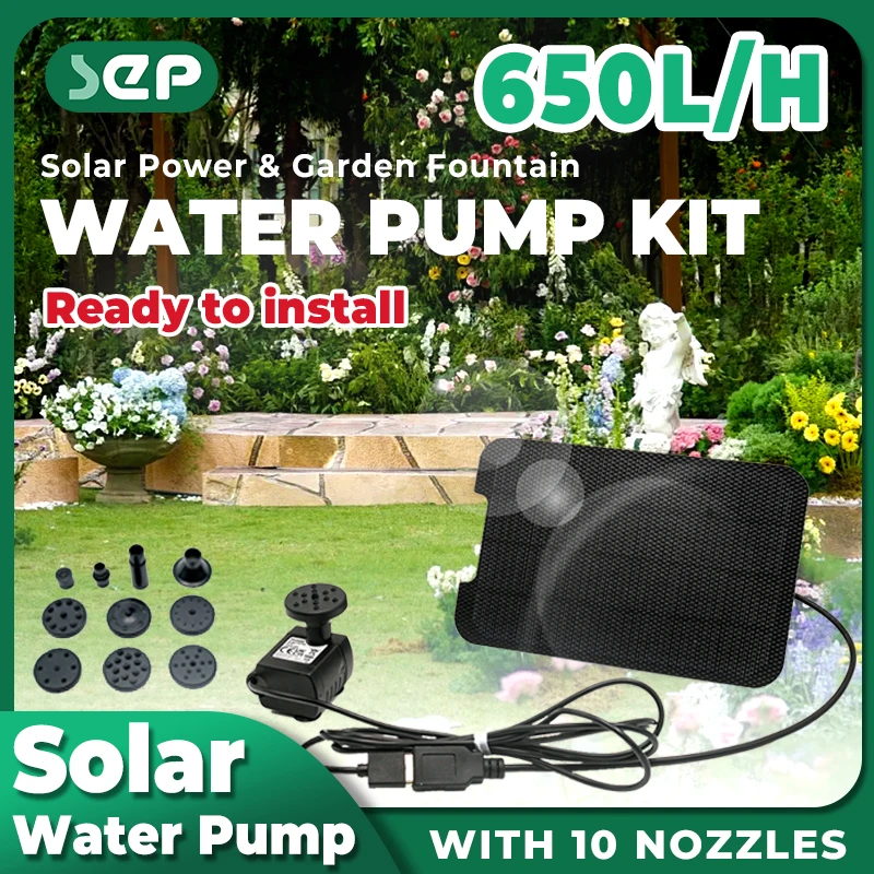 Solar Water Pond Pump Multifunctional with 10Nozzles Water Pump Powered Panel Kit Decorative Props for Pool Fountain Submersible