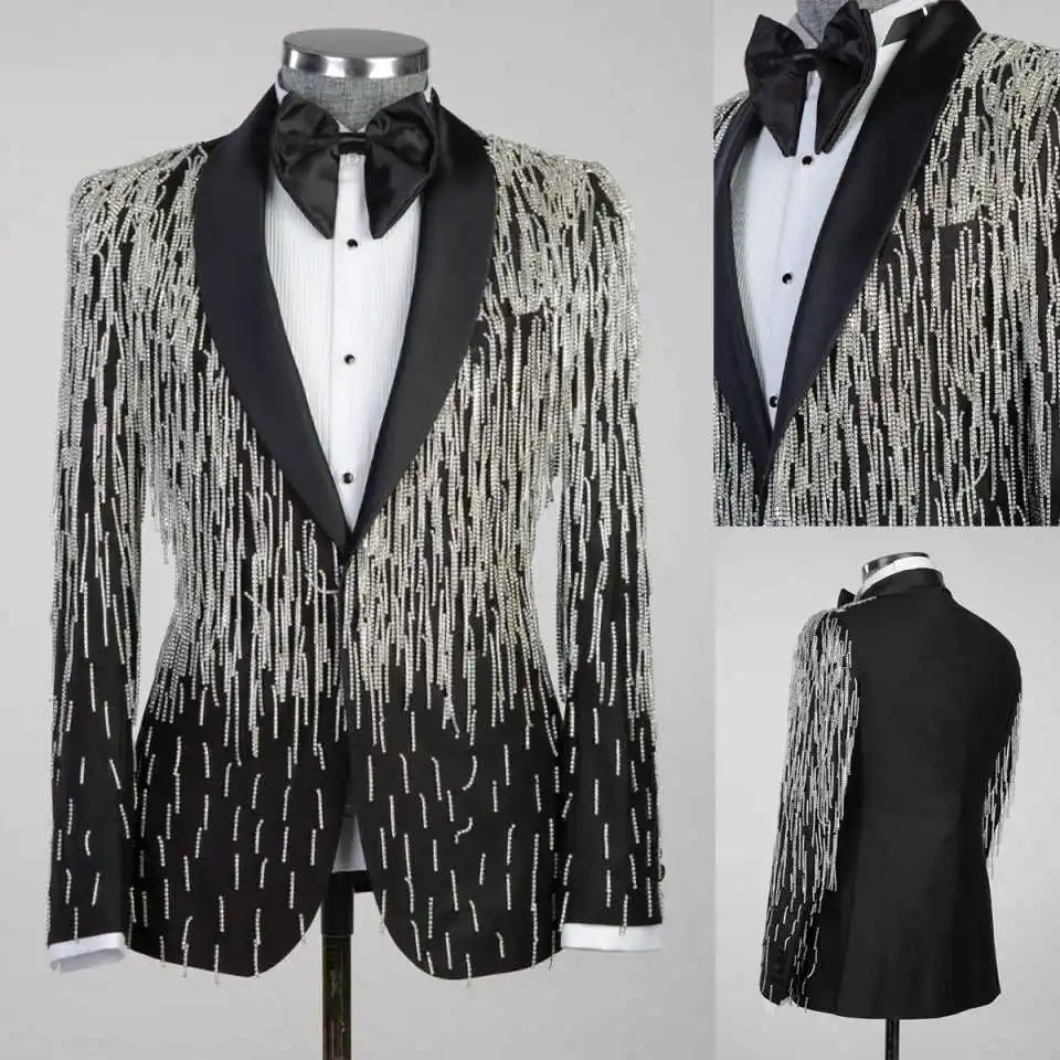 

Элитные свадебные смокинги с бахромой для жениха, комплект из 2 предметов: пиджак и брюки, с шалевым воротником, для торжественных мероприятий, вечеринок, банкетов, на заказ