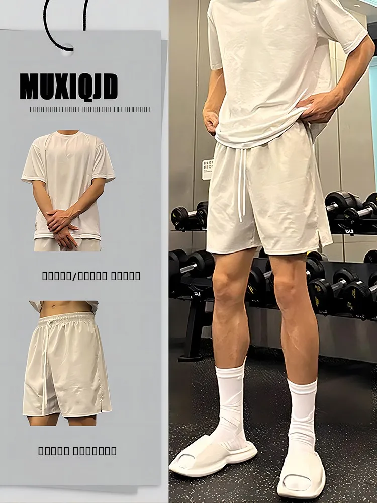 

American Sle Fitn ort Pants Casual Lazy Sle Set for Men Summer Ice Silk Qui Dry Running Four Five Split Pants