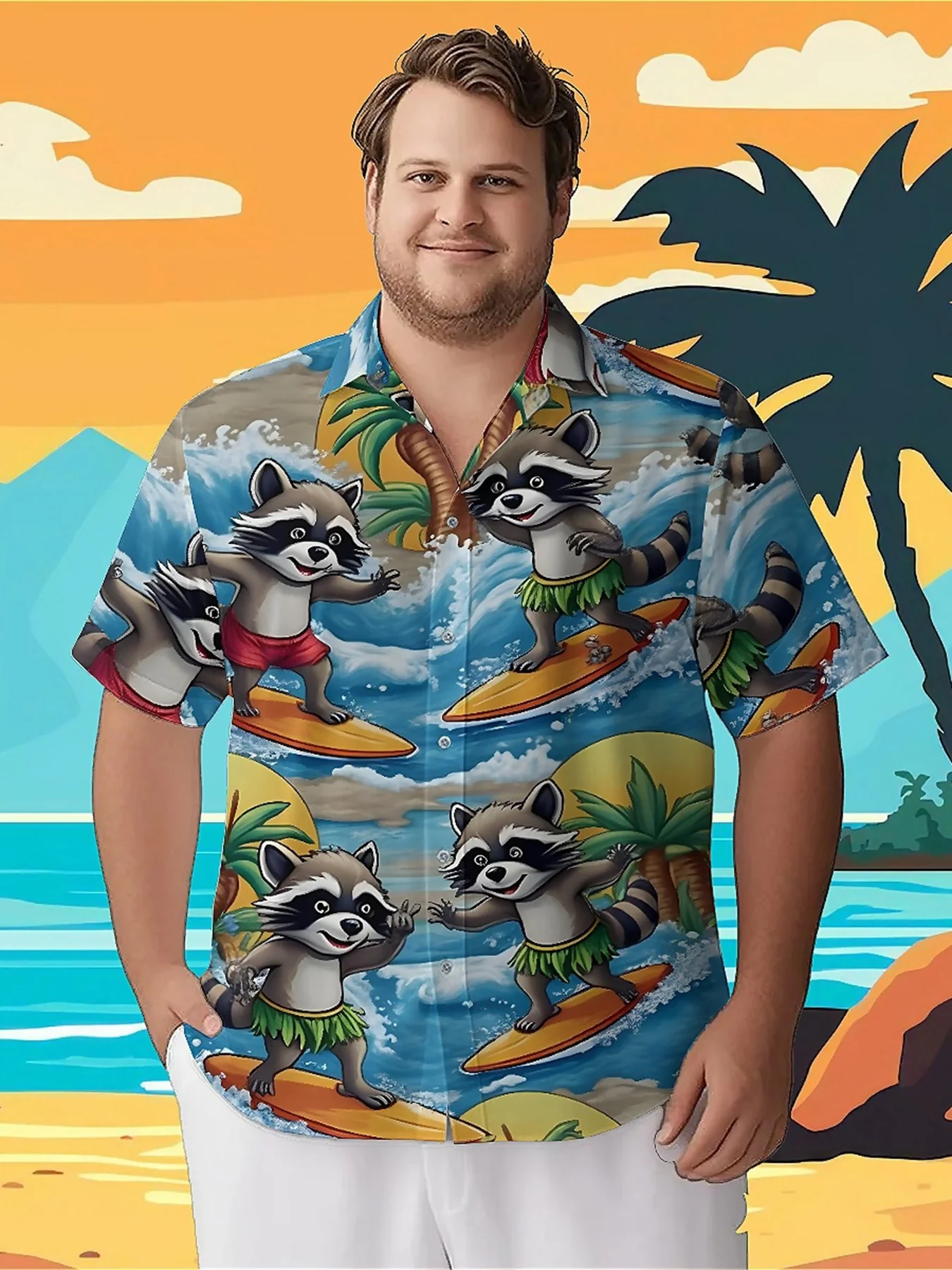

Men's Plus Size Hawaiian Shirts Tropical Surfing Raccoons pattern, Button Up Shirts, Unisex Casual Clothing, Summer Tops