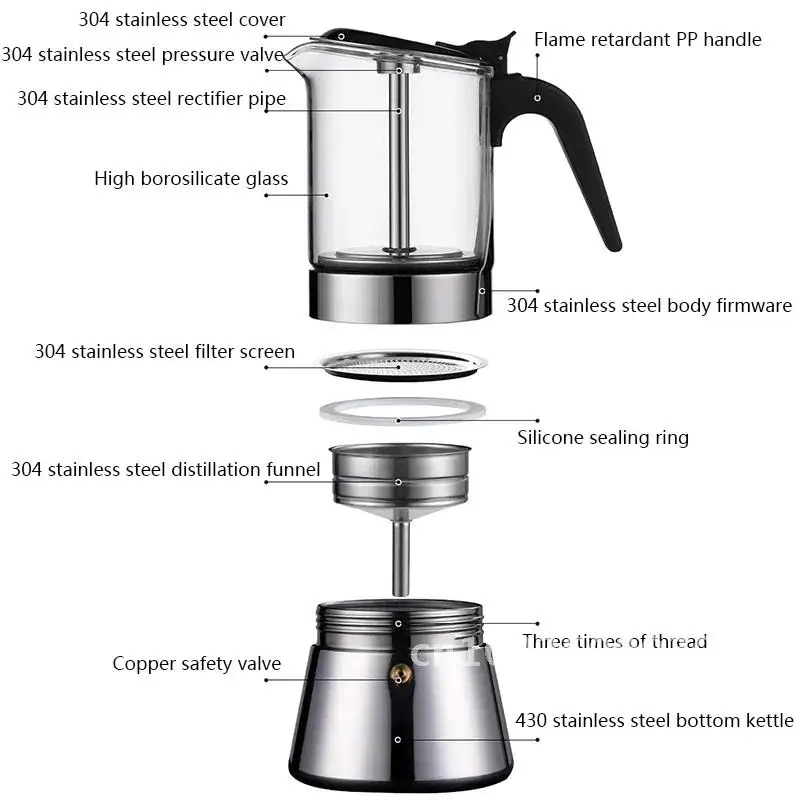 

Maker Steel Glass Coffee Stainless CoffeePot Moka Pot Latte Percolator CoffeeTools Coffee Makers Kettle Brewer Stove Coffee