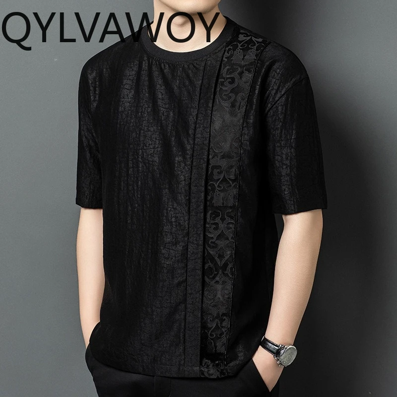 QYLVAWOY 100% Mulberry Silk T Shirt Loose Men's Shirts Round Neck Shirt Xiangyunsha Tops T Shirt Homme Short Sleeve Ropa Hombre
