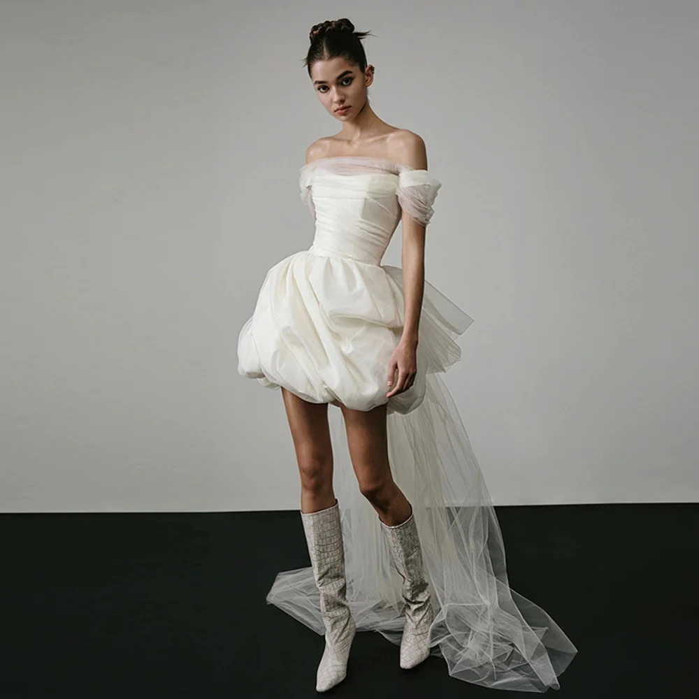 Beautiful Off White Bubble Short Women Dresses With Detachable Train Strapless Short Cap Sleeves Pretty Bridal Dress