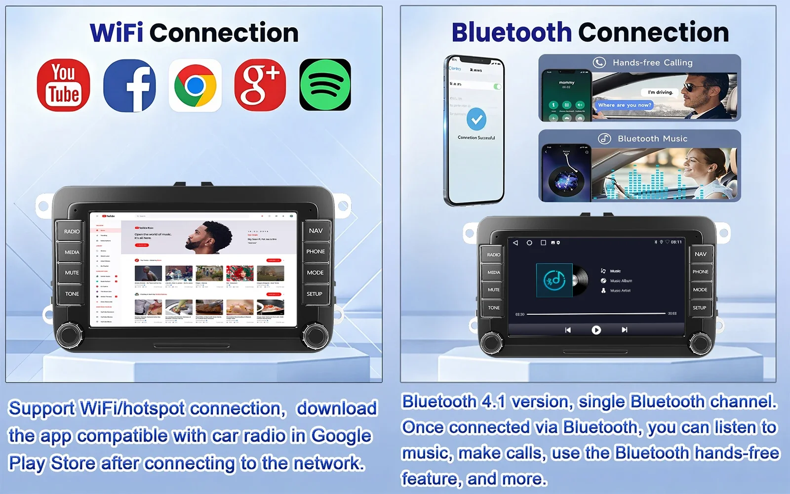 ESSGOO 7" Android 15 64G Wireless Carplay Android Auto für VW Touran Polo Caddy EOS Tiguan 6R Passat Jetta Golf Rabbit T5 Sharan Autoradio GPS-Navigation FM BT WiFi RDS SWC Mirror Link AI Voice Multimedia-Video-Player IPS Touchscreen – Detail 13