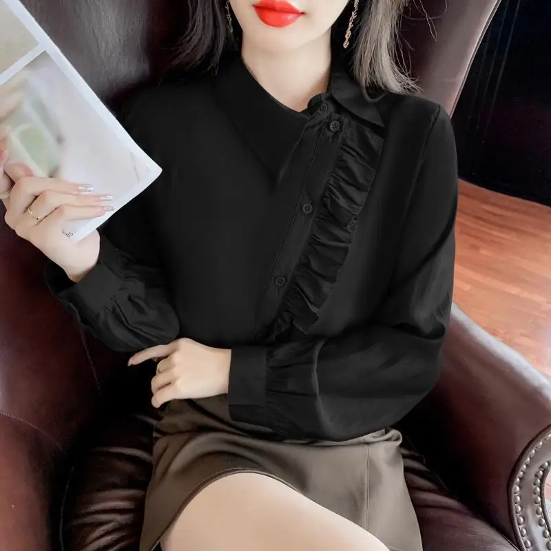 Elegant Fashion Ruffles Irregular Women Shirt 2024 Spring New Office Lady Chic All-match Lapel Long Sleeve Button Blouses Female