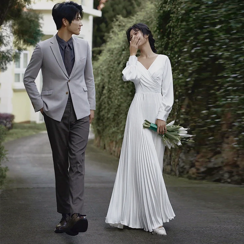 Легкое свадебное платье во французском стиле, элегантное простое атласное уличное платье с длинными рукавами для путешествий, обручальное платье для миниатюрного использования