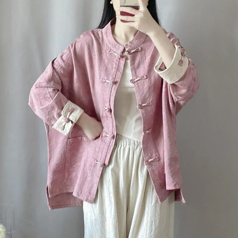 New Chinese-style Retro Chinese Women Clothing Wound Button Cardigan Spring Autumn Jacquard Cotton Linen Loose Bat-sleeved Coat