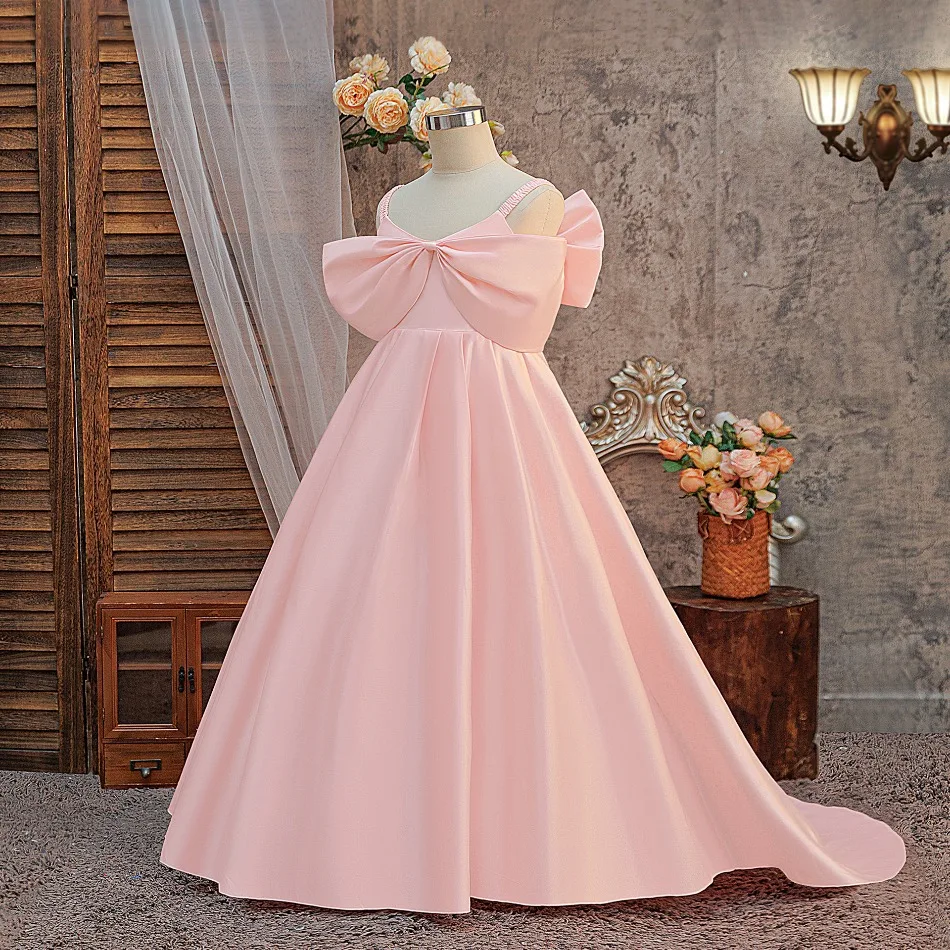 Girls Big Bow Bridesmaid Dress Summer Trailing Wedding Princess Party Prom Dresses for Girl First Communion Evening Gown asq03