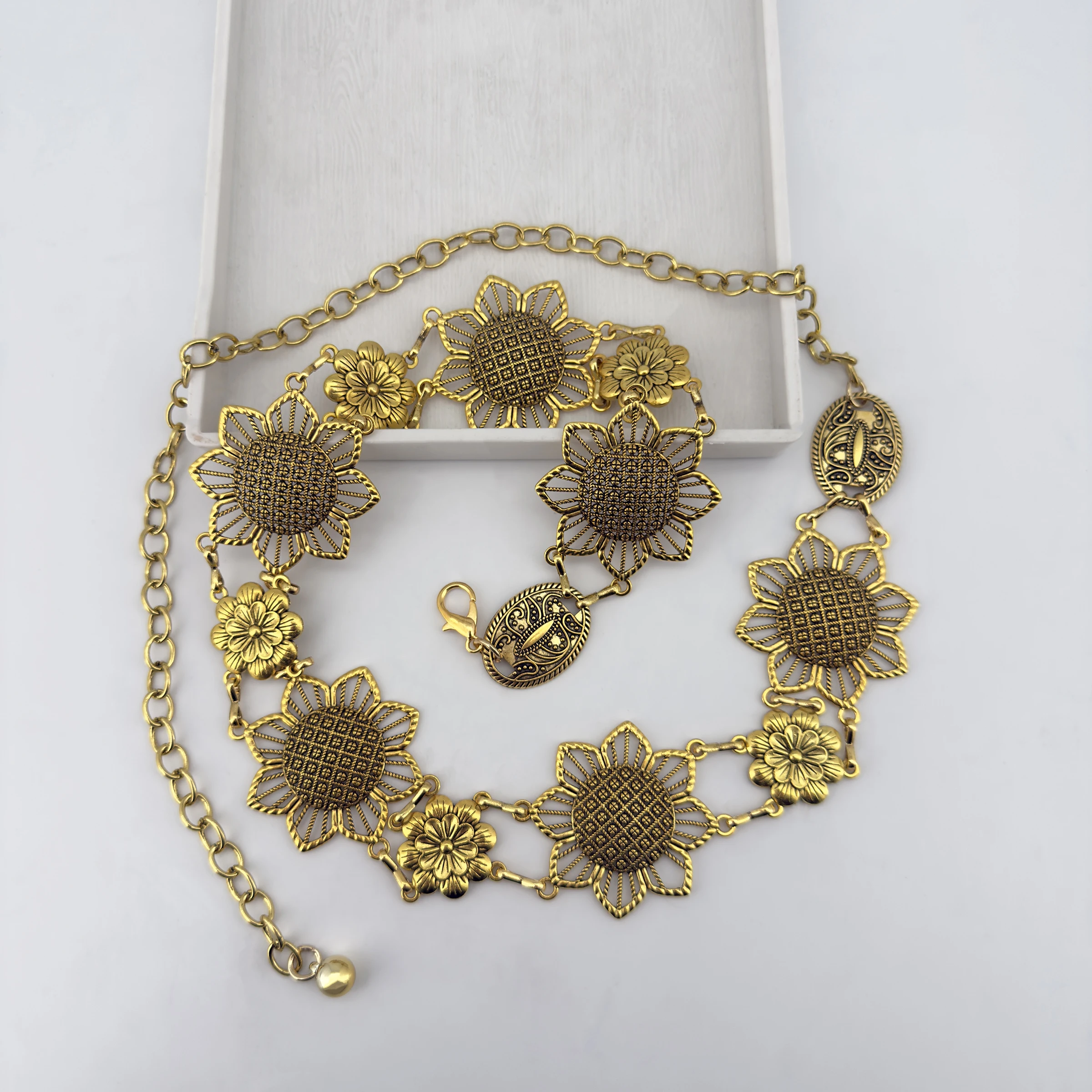 Bohemian-Stil Retro Gold Sonnenblumen-Blumen-Mode Western-Elemente Denim-Taillenaccessoires Damen Hosen- und Rock-Kette Vielseitig Einsetzbar – Detail 7