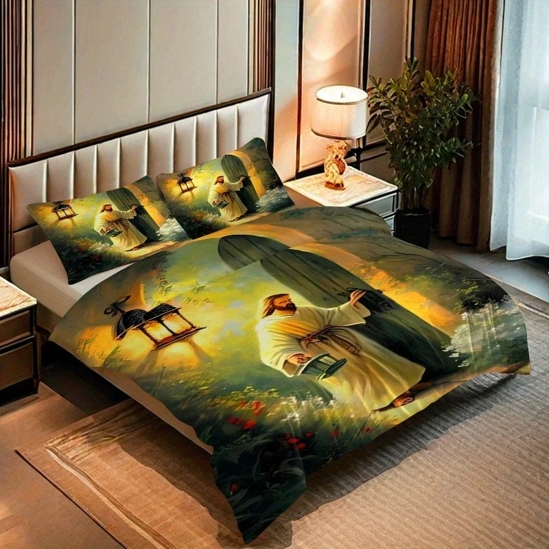 2/3pcs Jesus Christ Prayer Printed Quilt Cover Set, HD Digital Printed Quilt Cover Set Contains Quilt Cover and Pillowcases