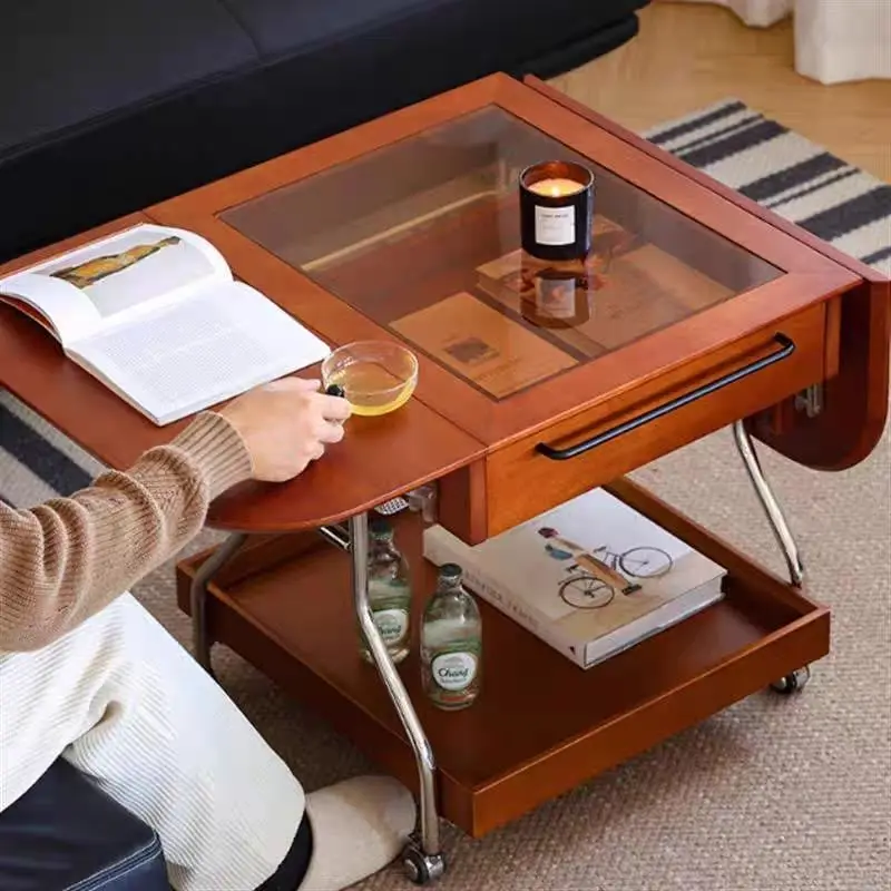 

Medieval style mobile lifting coffee table solid wood retro Nordic balcony folding household small apartment