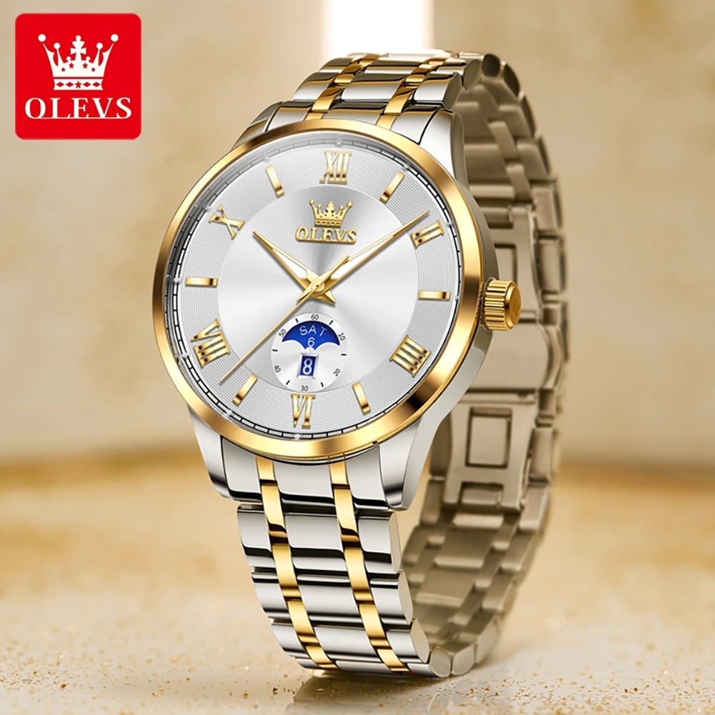 OLEVS 3638 Mens Watch Original Quartz Watch Stainless Steel Waterproof Luminous Large Dial Day Date Watches Luxury Men Box Reloj