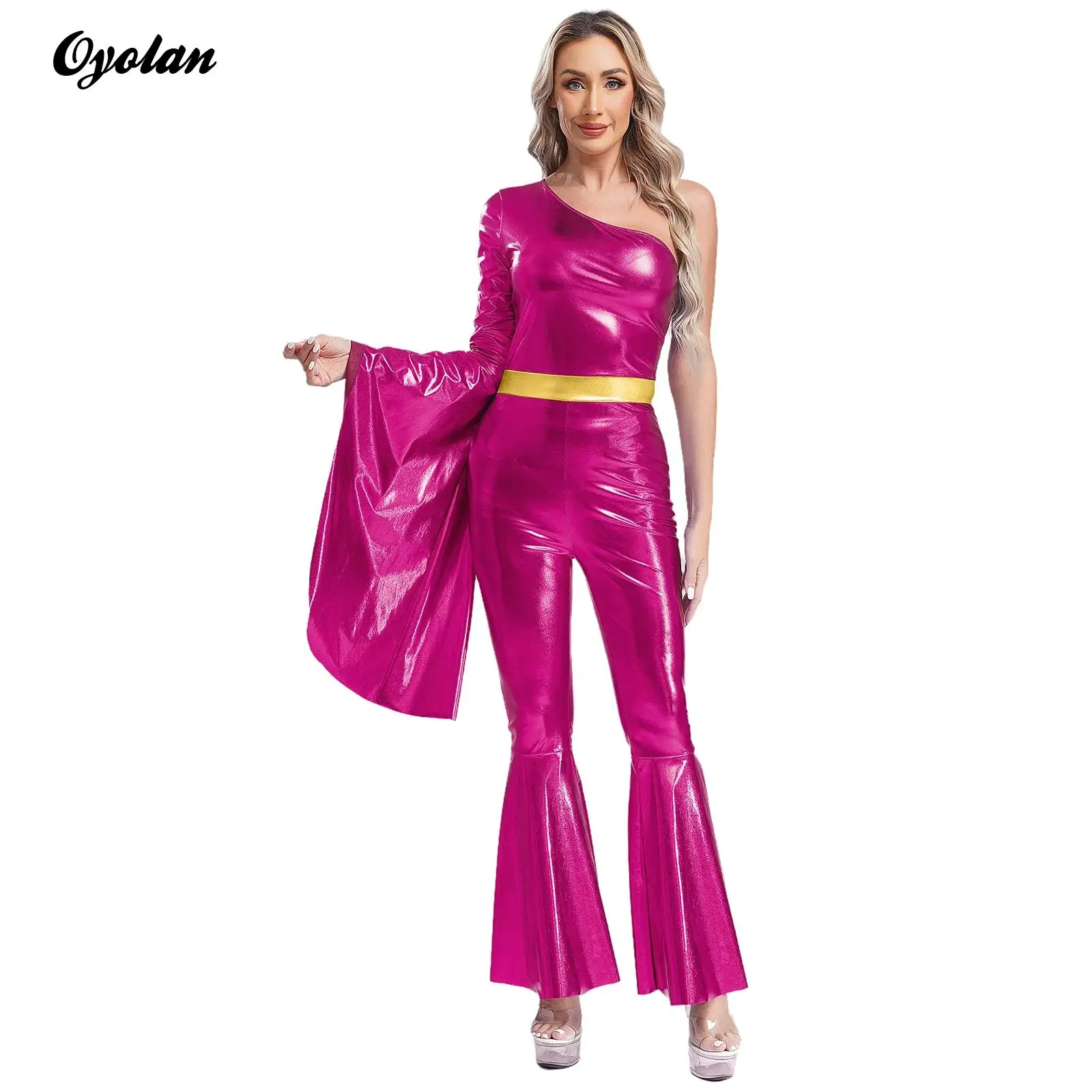 Mulheres 70s disco hippie macacão ballet dancewear jazz ballet dança outfit alargamento manga vintage brilhante metálico queimado sino-bottom