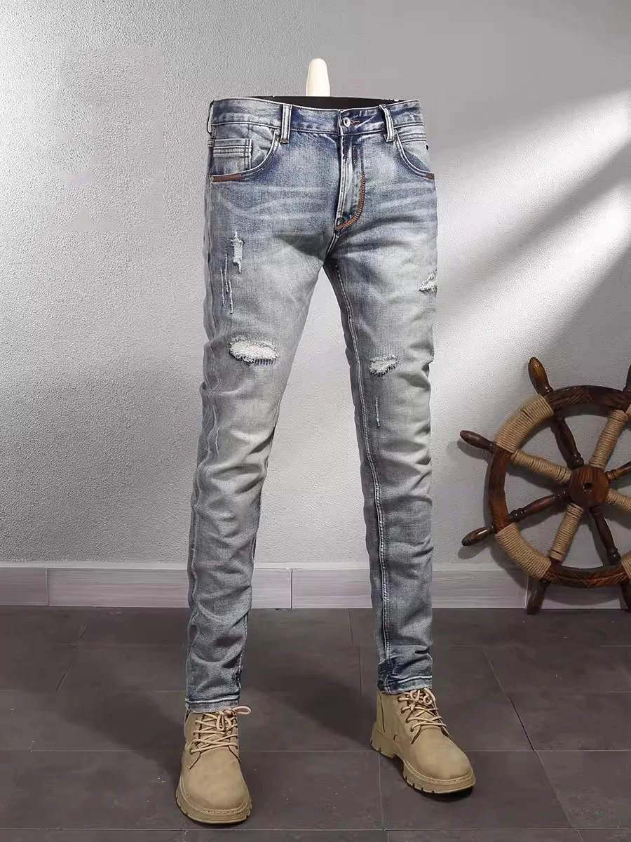 Vintage Fashion Men Jeans High Quality Retro Washed Blue Stretch Slim Fit Ripped Jeans Men Casual Designer Denim Pants Hombre