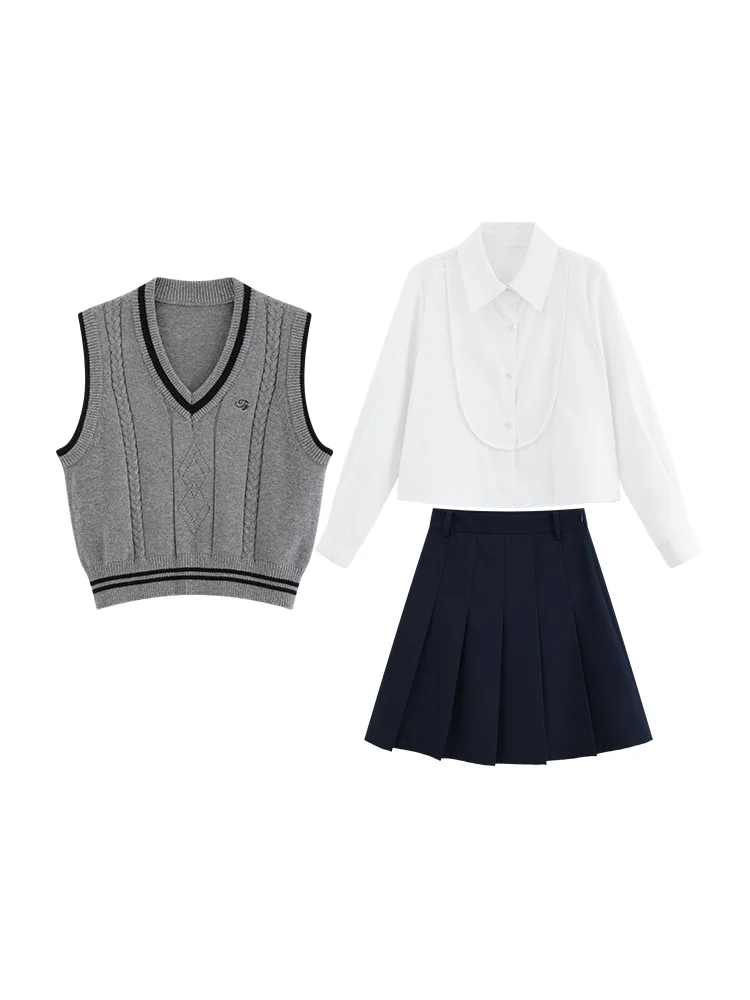 Preppy Style Outfit Contrast Knit Vest with Pointed Collar Loose Shirt and High Waist Skirt Casual Slimming Two Piece Set Women