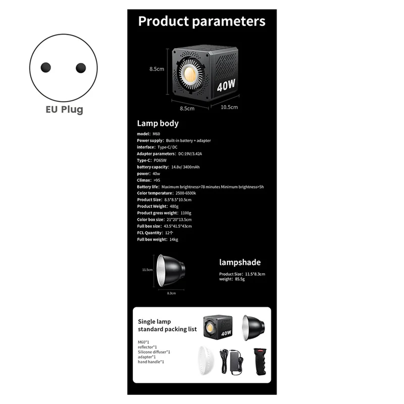 

CEA M60 Handle Photo Studio Light COB Bi-Color CCT 2500-6500K CRI Greater Than Equal 95 TLCI Greater Than Equal 97 EU PLUG