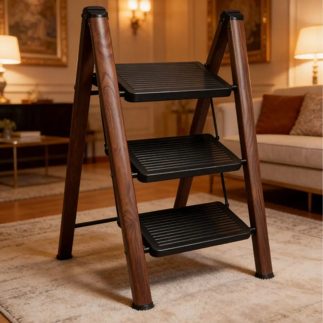 3 Step Folding Step Ladder, Wood Grain Anti-Slip Wide Pedals, Space-Saving Portable Household Step Stool For Kitchen Home
