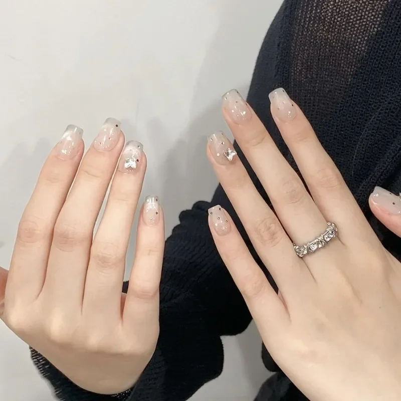 10pcs Handmade Butterfly Diamond Point Long Short Press on Nails False Nail Art Fake Decorated Stick-on Nails Finger for Gluing