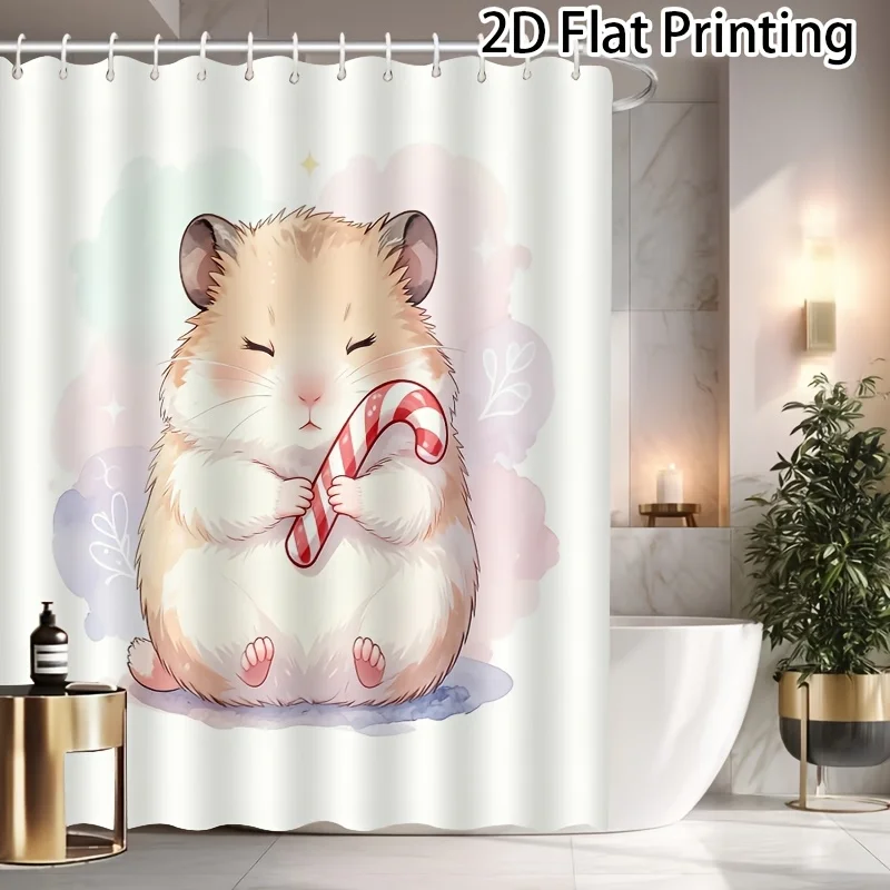 Cute Hamster Candy Cane Shower Curtain, Christmas Animal Watercolor Art Waterproof Bath Curtain, Holiday Kids Bathroom Decor