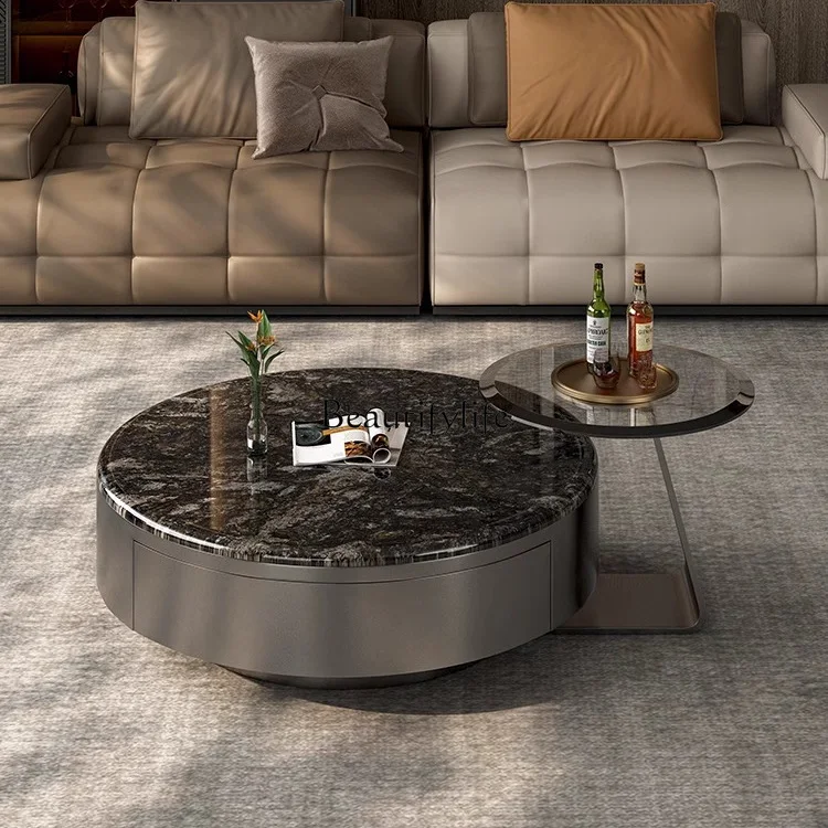 

*Natural marble Italian coffee table platinum diamond round glass coffee table combination