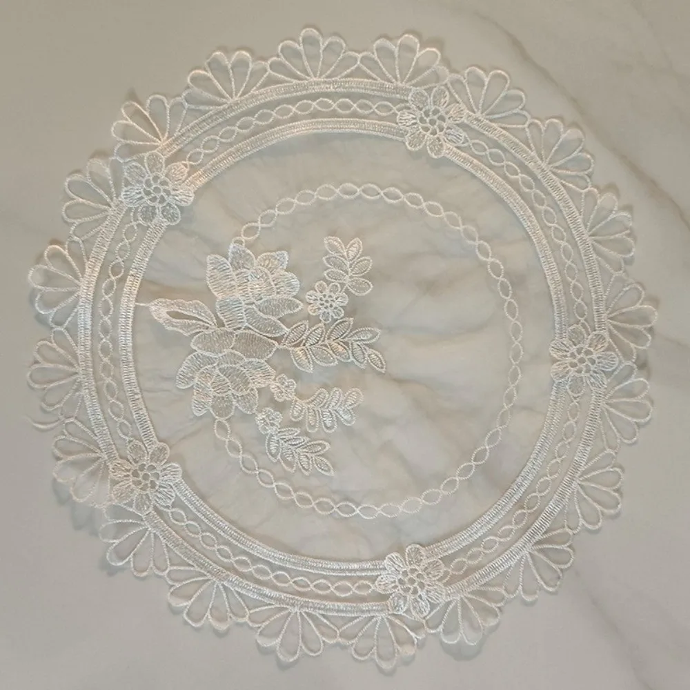 Lace Embroidery Table Cloth Tray Mat European Round Embroidered Lace Placemat Transparent White Coffee Coaster Beside Table