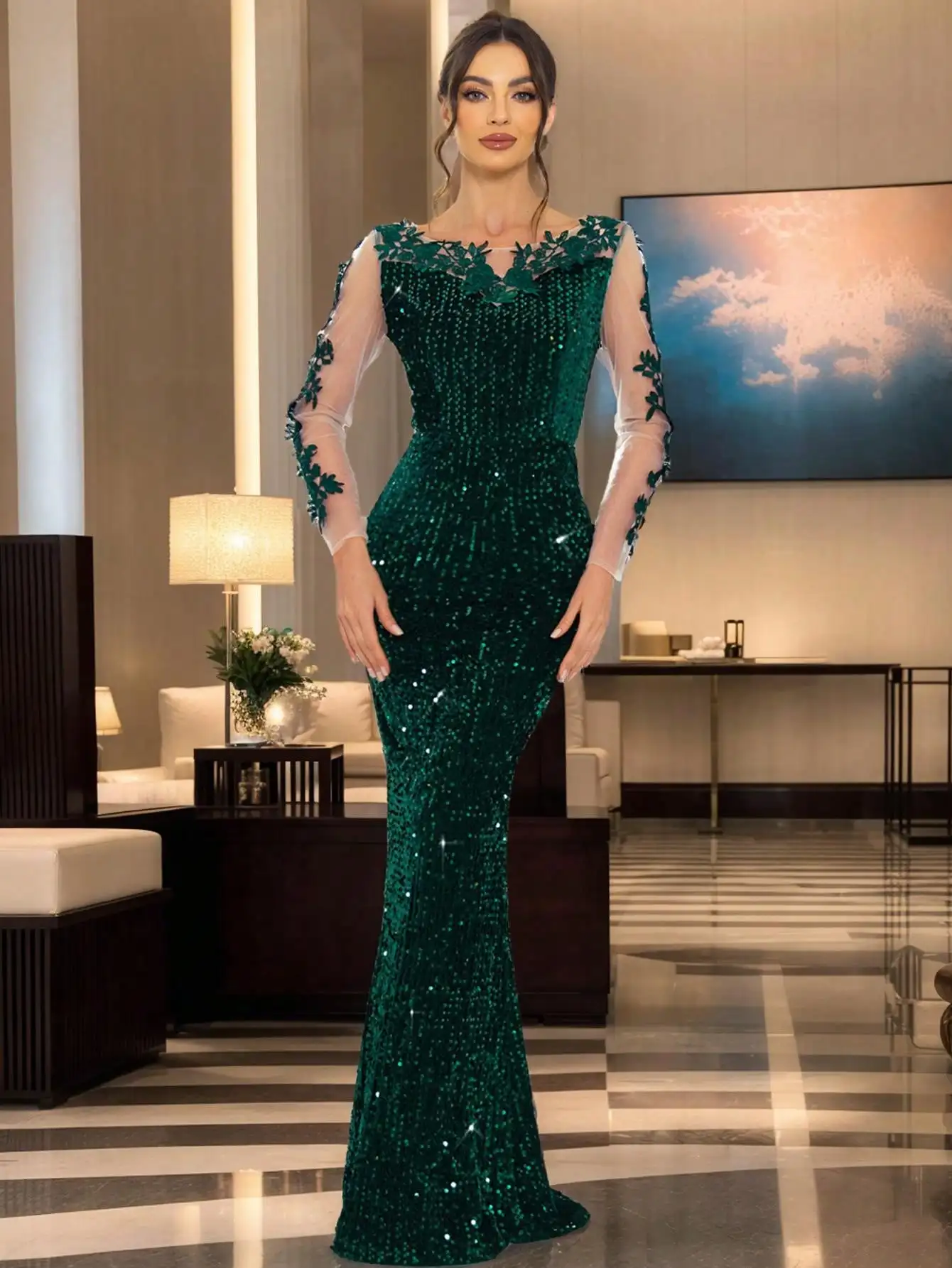 O Neck Illusion Long Sleeve Evening Party Dress Lace Flowers Sequin Mesh Floor Length Wedding Cocktail Prom Gown Elegant Women