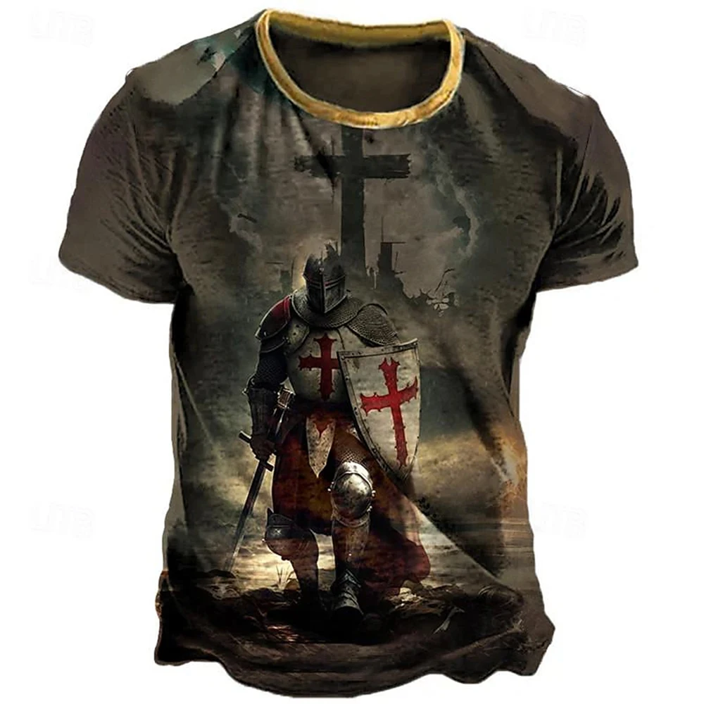 Vintage T-shirt For Men 3D Knight Print Tops Street Hip Hop O-neck Short Sleeve T Shirt Oversized Tee Shirt Men Clothing 2024