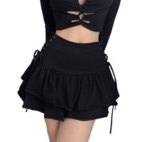 Women Gothic Skirt Grunge Aesthetic Mini Skirts 2000s Ruffled Double Layer Drawstring High Waist Black Skirt Y2k A Line Faldas