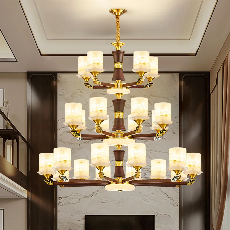 

Duplex building, large chandelier, new Chinese style, all copper, solid wood, Chinese style, villa