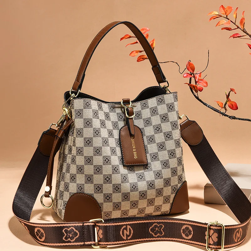 Elegante borsa da donna stampata a scacchiera retrò, borsa a secchiello atmosferica con struttura di tendenza, grande capacità All-in-one Cross-body