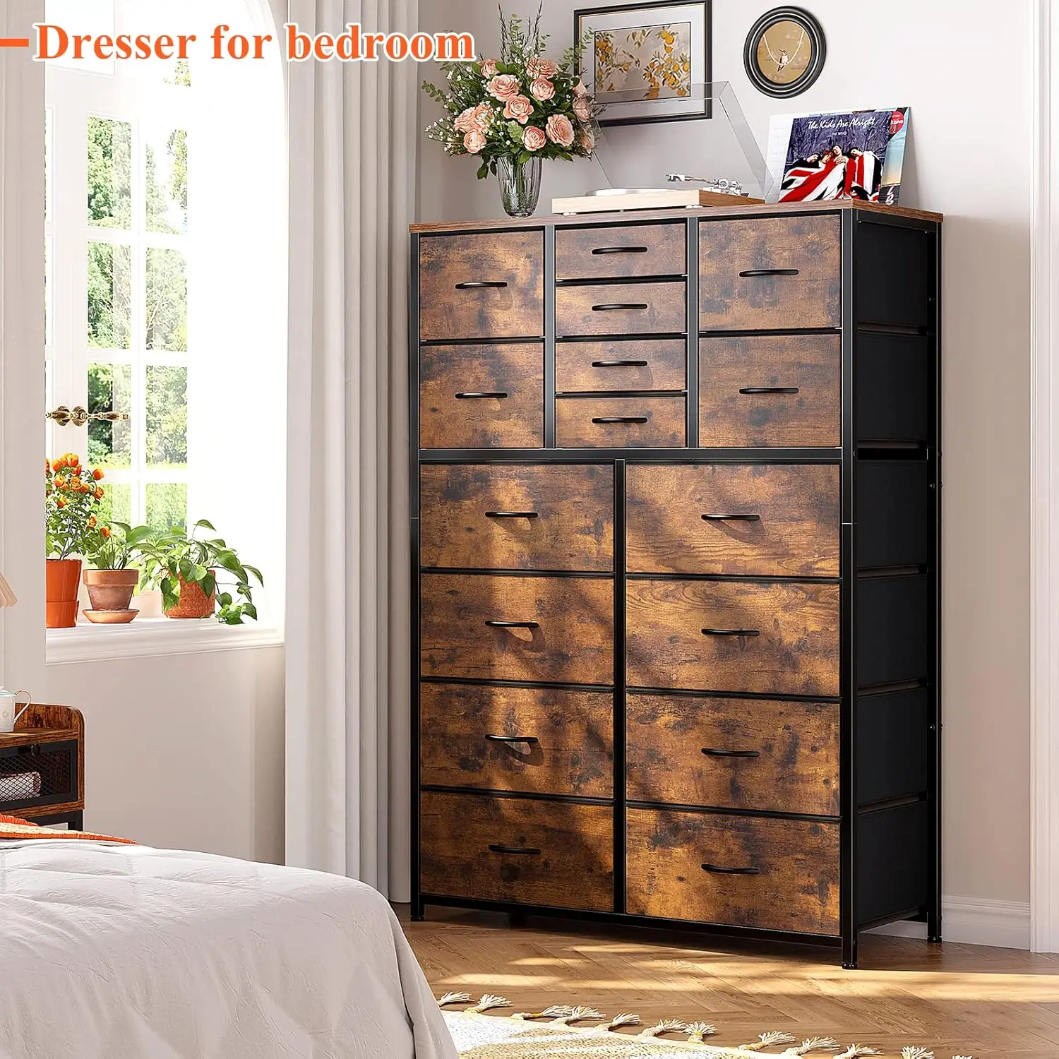 Tall Dresser for Bedroom,16 Drawer Dressers & Chests of Drawers, Fabric Bedroom Dresser with Wood Top, Metal Frame