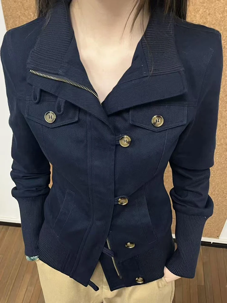 

Streetwear Stand Neck Casual Jackets Women Y2K Aesthetic Slim Fit Casual Coats 2025 Autumn Harajuku Single Breasted Pocket Tops