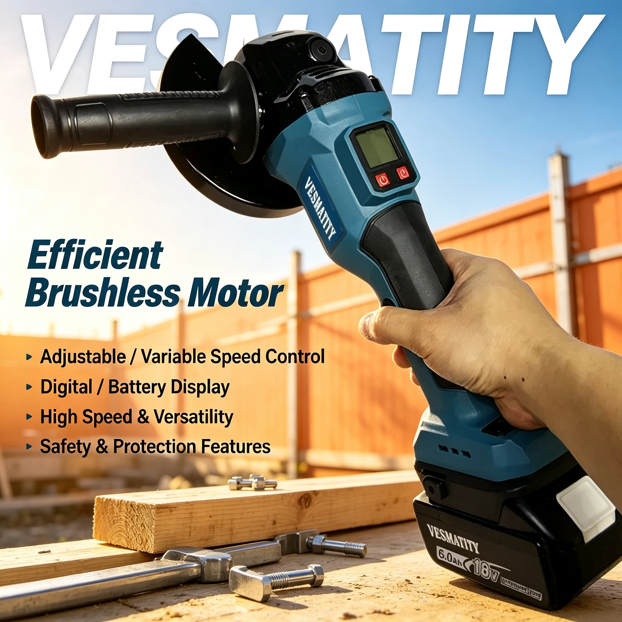 Vesmatity Brushless Angle Grinder Digital Display Impact Polishing Grinding Tool for Makita 18V 20V Battery Pro Speed