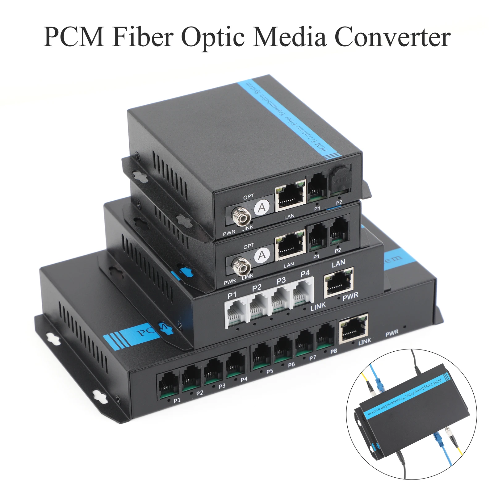 Professional Telephone Optical Transceiver SC Interface PCM Converter 1/2/4/8-way + 100M Network Port With US/EU Power Plug