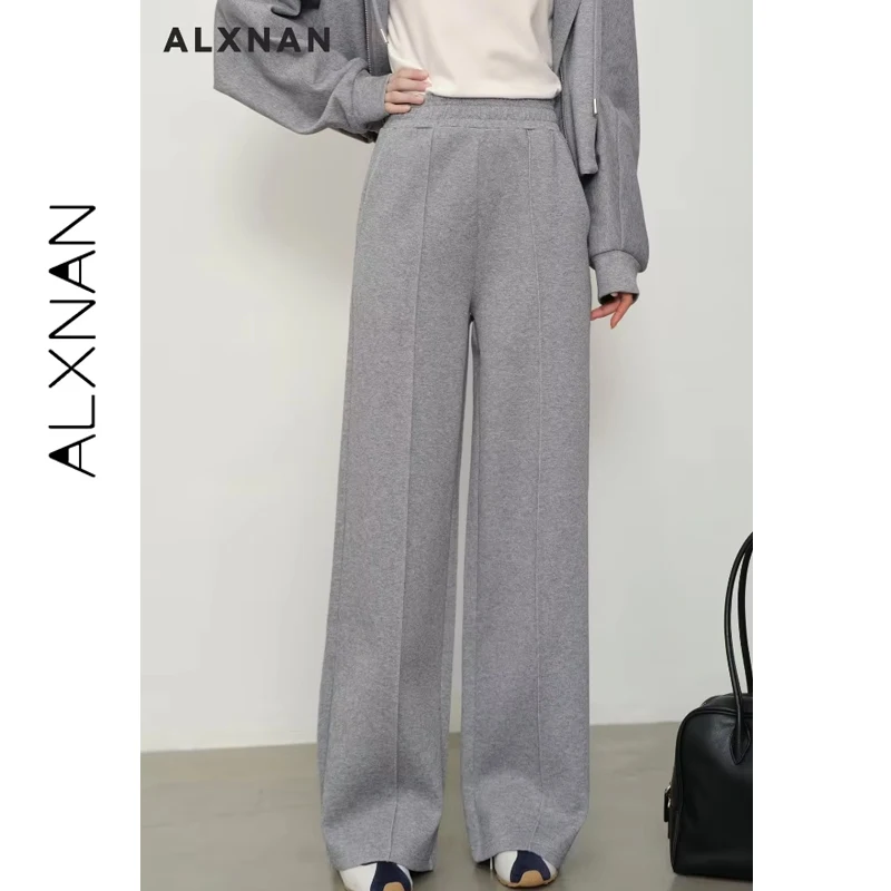 

ALXNAN Women's Winter Wide-leg Pants Casual Straight Gray Baggy Trousers Ladies Loose-fit Elastic Waist Long Pants L58795