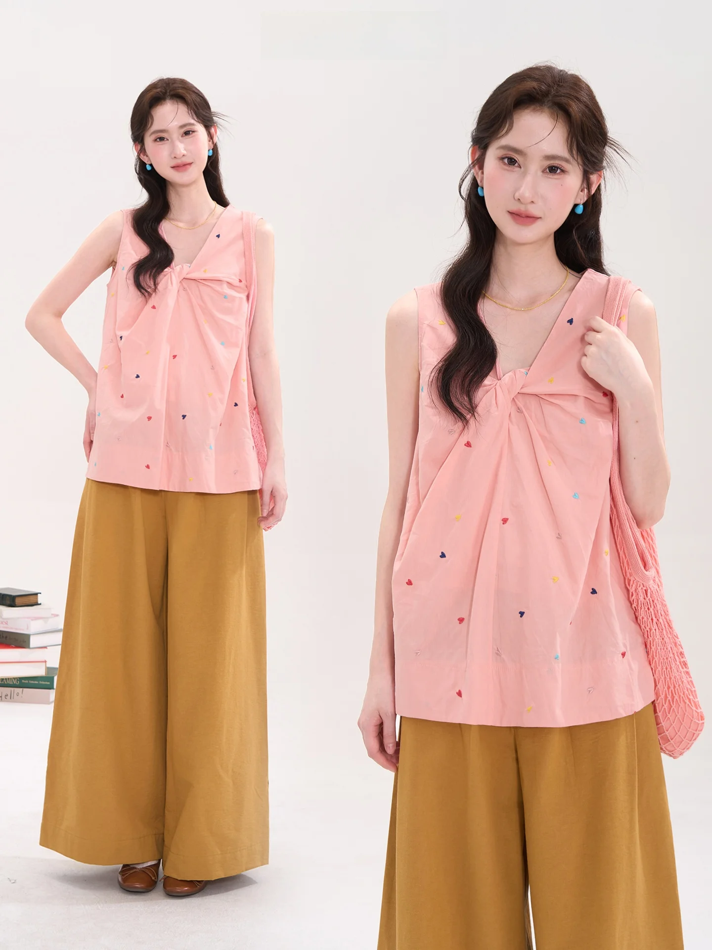 

Heme Summer Lightweight Flax Svel Women's irt with Embroidery Heart Pattern Window Display Floral Print Loose Fit