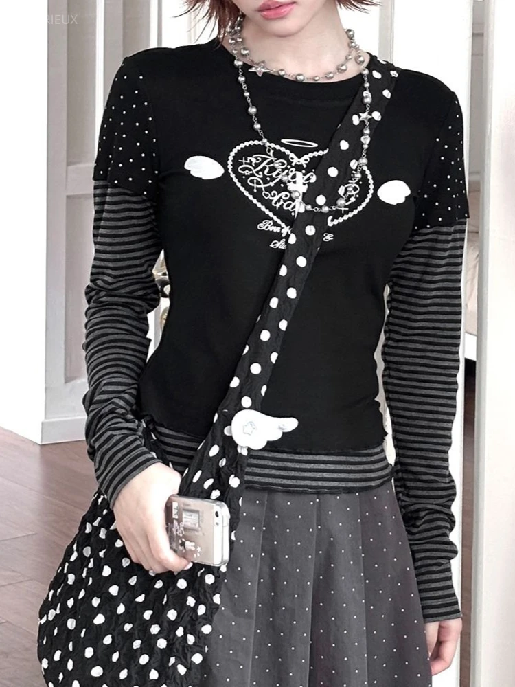 Vinateg High Street Japanese Patchwork Striped Long Sleece Fake Two Piece Y2k Harajuku O Neck Subcultural Print Clothes Punk Top