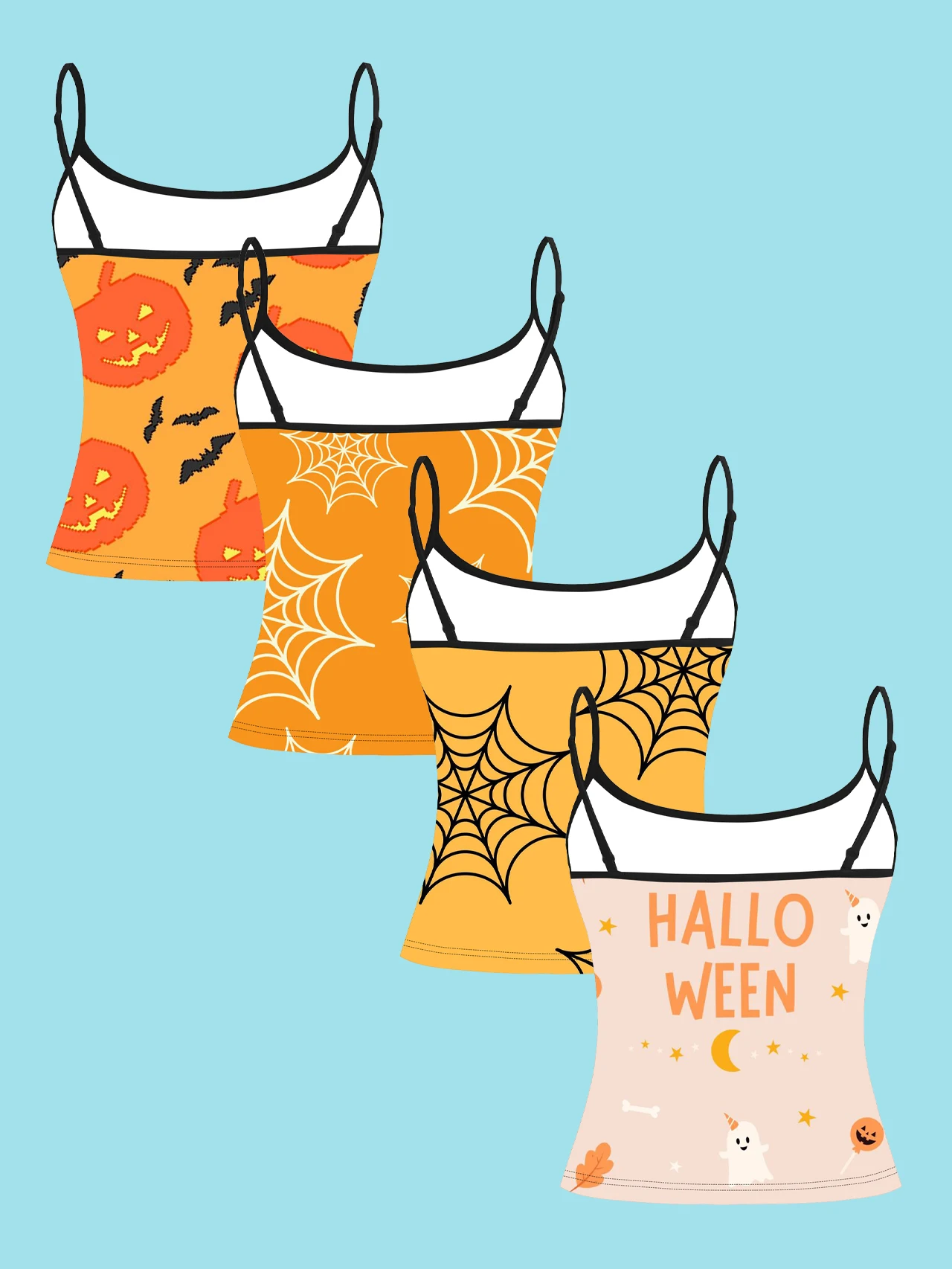 4-Piece Set of Halloween Simple Pumpkin Spider Web Ghost Women's Camisoles, Full-Print Cartoon Slim-Fit Spaghetti Strap Short Camisole Tops