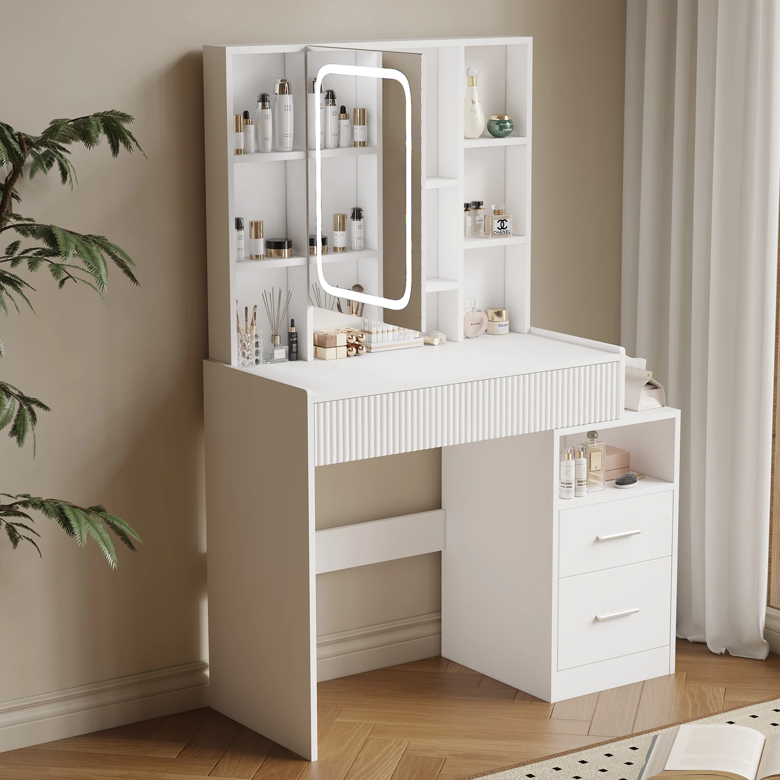 طاولة زينة HOMAVO مع مرآة LED، 3 أدراج و8 حجرات مفتوحة، 96.5x40x141 سم