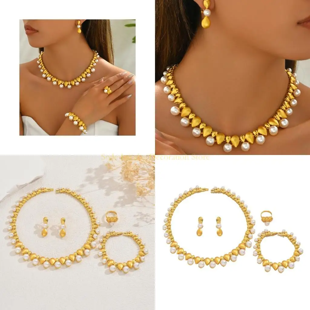 

D46E Versatile Pearls Jewelry Ensembles Necklace Bracelet Earrings Rings Set Decoration for Everyday Elegant Outfits