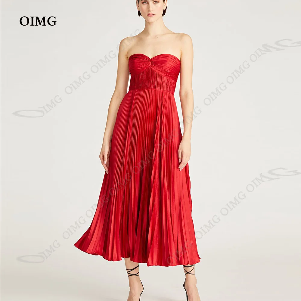 OIMG Red Satin A Evening Dress Short Sweetheart Bridal Dressing Gown For Woman A Line Sleeveless Formal Party Dresses 2024